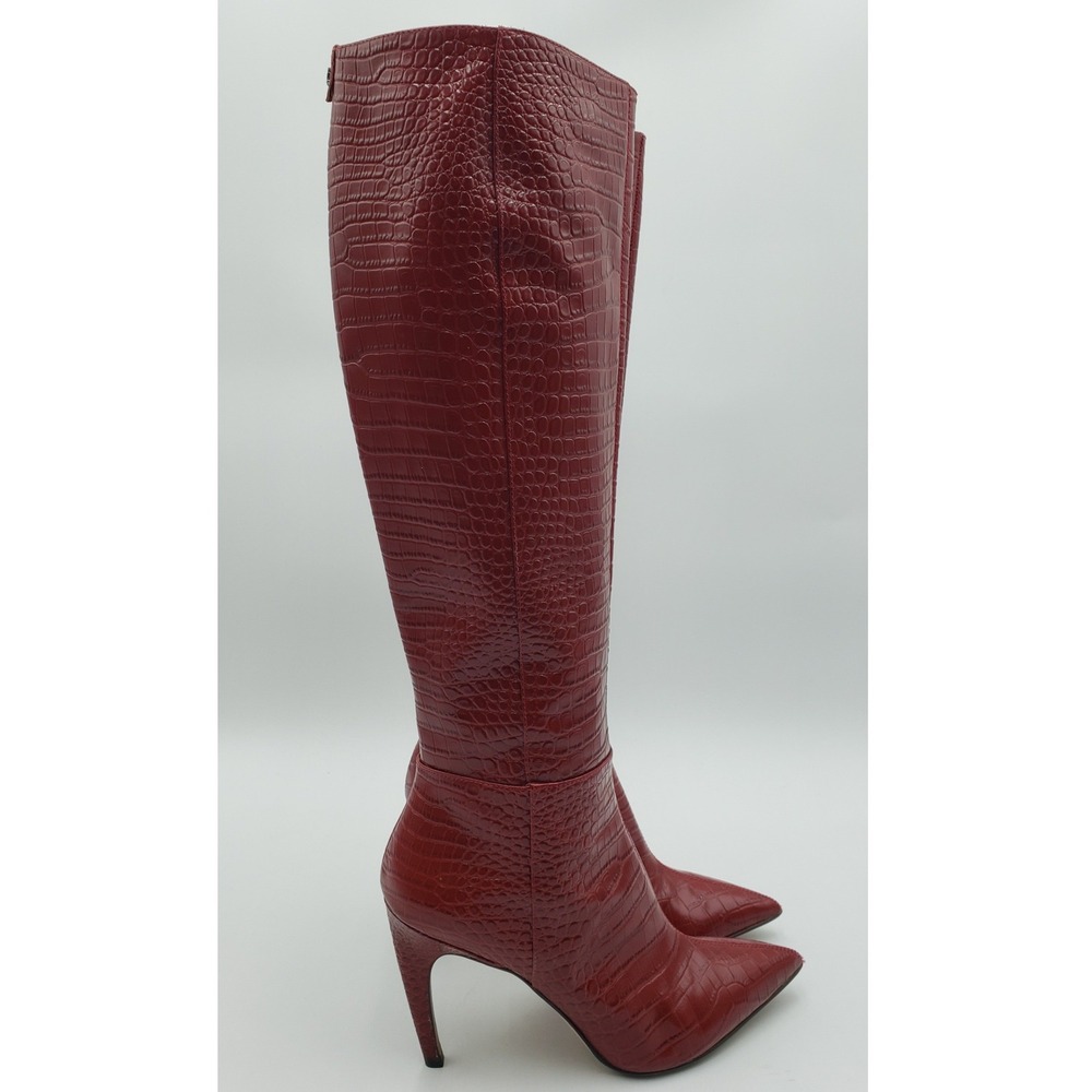 Sam Edelman Fraya Croc Embossed Knee High Boots Women 8.5 Red Stiletto Heel Tall